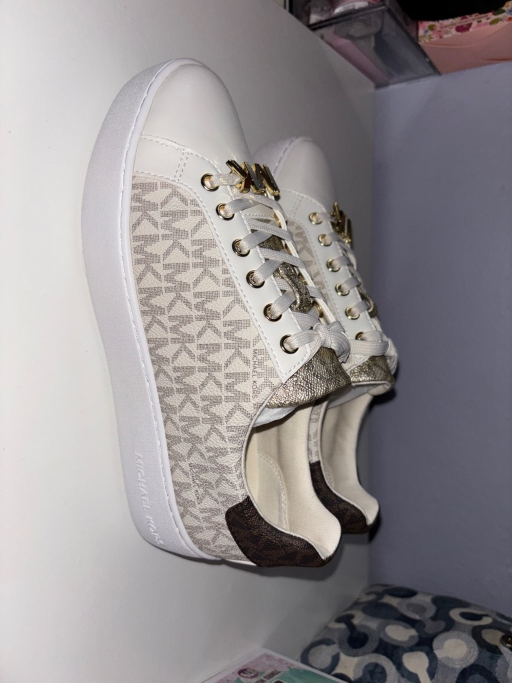 Michael Kors White Sneakers with Gold MK Hardware - Picture 2 of 3